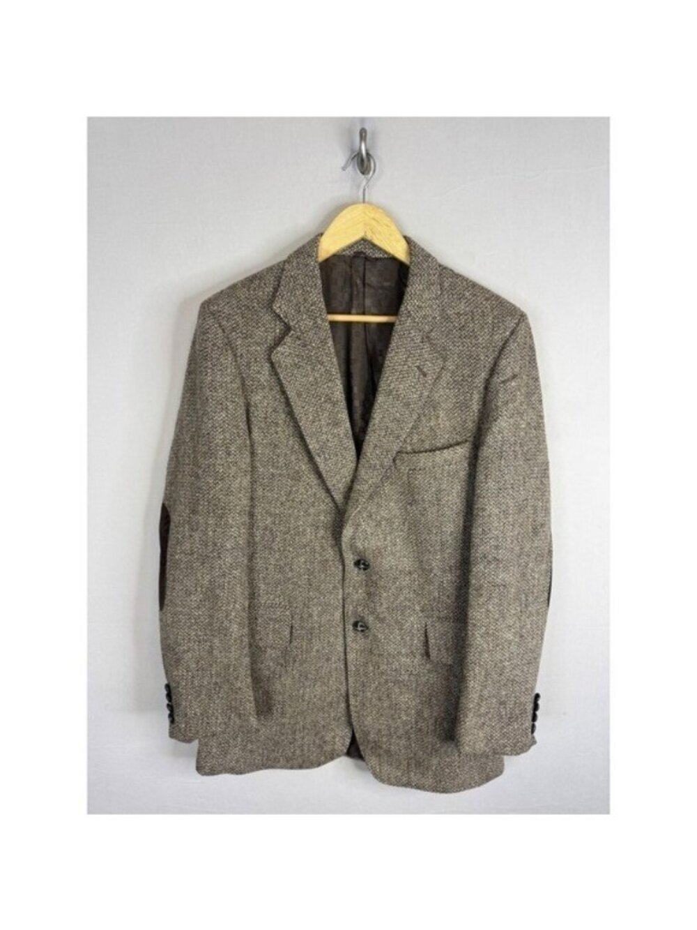 Harris Tweed Mens 40 Brown Herringbone Wool Blazer Suede Elbow Patches